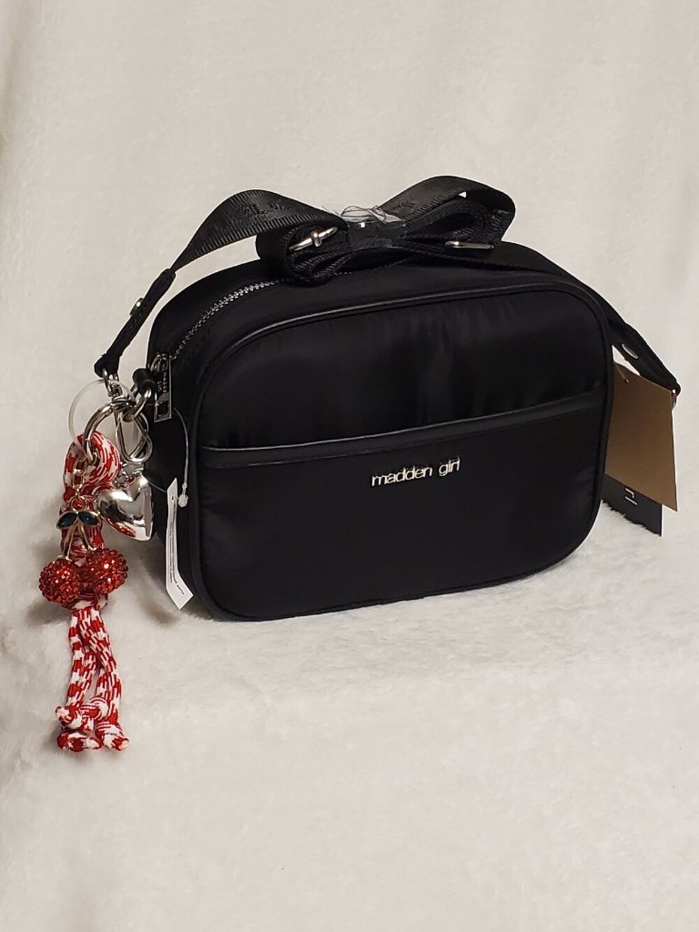 Madden Girl Nylon crossbody bag w/ Rhinestone Cherry bag charm Black Brand NEW!